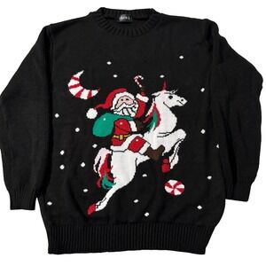 Club L Santa Riding Unicorn Christmas Sweater Black Knit Women XL 16-18 Holiday